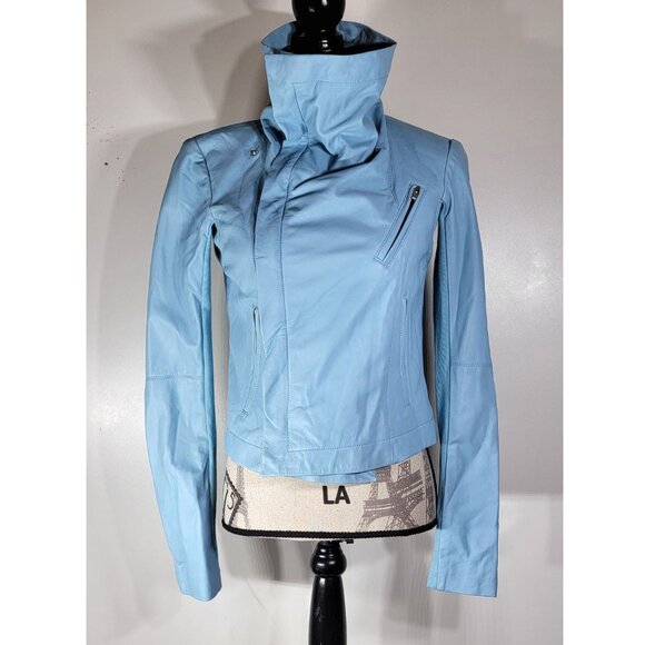 VEDA Asymmetrical Zip Leather Moto Jacket, Sky Blue, Women’s Size Medium - Picture 2 of 13